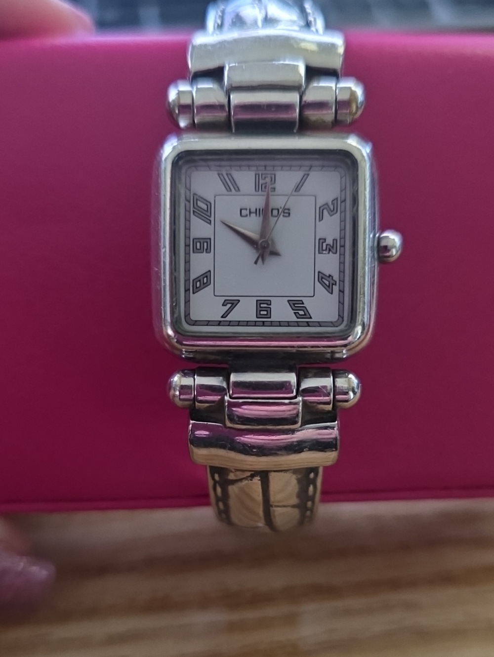Chico's Silver Tone Women's Square Dial Watch with White Face